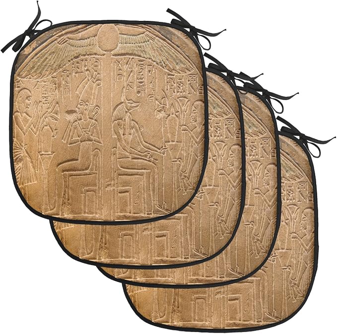 Lunarable Egyptian Print Chair Cushion Pads Set of 4, Egyptian Hieroglyphs on The Wall Stone Surface Scripts Arts Theme Image, Anti-Slip Seat Padding for Kitchen & Patio, 16"x16", Pale Brown