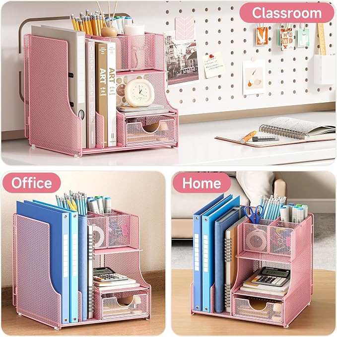 Lavatino Desk Organizer – 4-in-1 Pink Mesh Office Supplies Organizer with Pen Holder, File Holder, Desktop Tray, and Drawer for Home, Office, Classroom