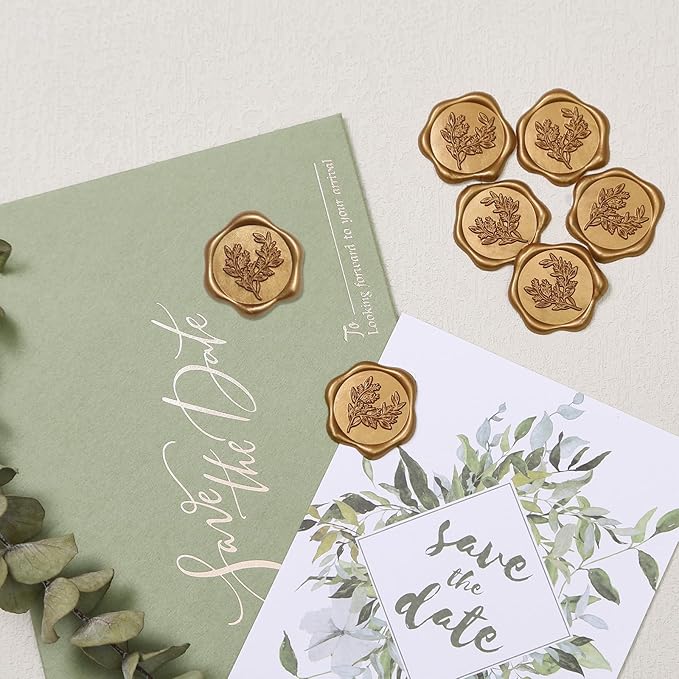 UNIQOOO Wax Seal Stickers - Eucalyptus Wedding Invitation Envelope Seal Stickers, 50 Pcs Self- Adhesive Antique Gold Stickers, Perfect for Invitation, Christmas, Gift Wrapping, Party