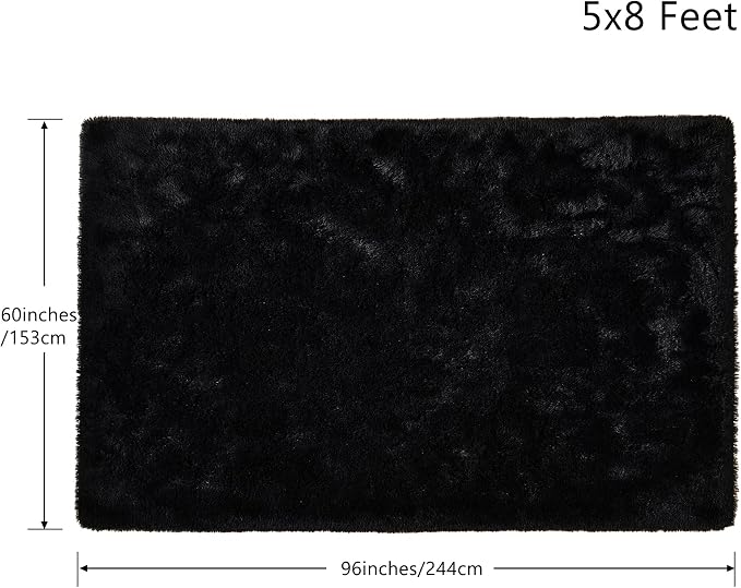 Tepook Super Soft Fluffy Rug for Bedroom, Modern Shaggy Fuzzy Kids Rugs for Living Room, Plush Indoor Nursery Home Decor Dorm Carpet with Non-Slip Bottom, Black, 5 X 8 Feet