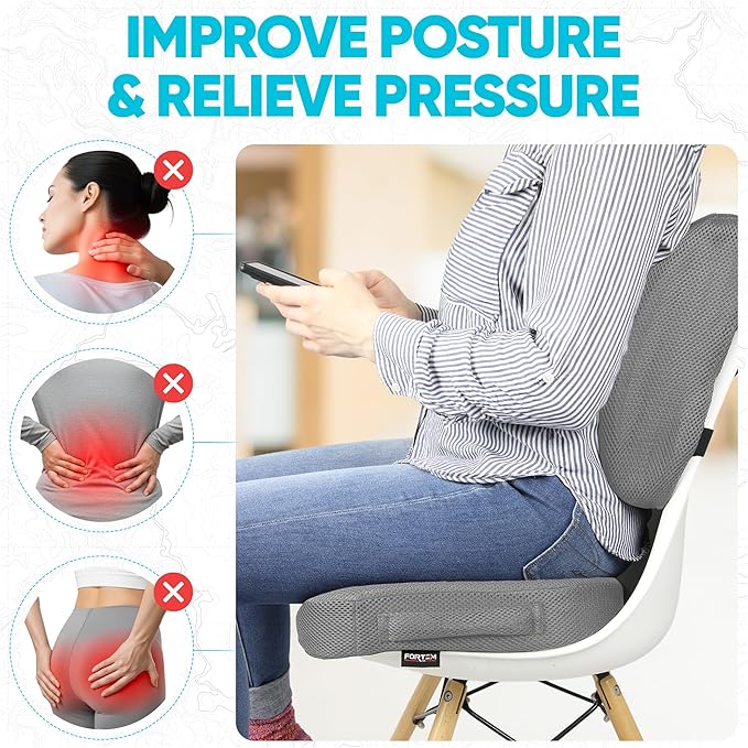 FORTEM Seat Cushion, Office Chair Cushion, Lumbar Support Pillow for Office Chair, Memory Foam Car Seat Cushions, Sciatica Coccyx Tailbone Pain Relief, Cushions for Back Support, Washable, Non Slip