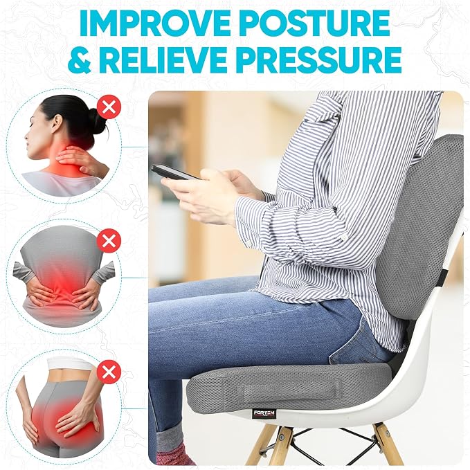 FORTEM Seat Cushion, Office Chair Cushion, Lumbar Support Pillow for Office Chair, Memory Foam Car Seat Cushions, Sciatica Coccyx Tailbone Pain Relief, Cushions for Back Support, Washable, Non Slip XL