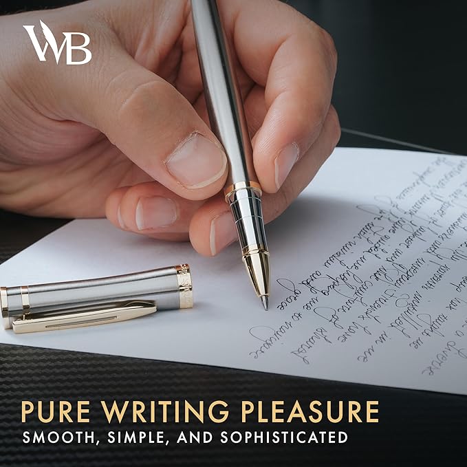 Wordsworth and Black Rollerball Pen - Luxury Pen - 24K Gold Finish, Silver Lacquer, Ink Refill, Refillable Gift for Men & Women, Professional Writing, Nice and Fancy Pens and for Work