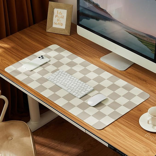 Checkered Desk Mat, 31.5" x 15.7" Large Cute Beige Khaki Aesthetic Retro Accessories, PU Leather Computer Laptop Desk Mat Mouse Keyboard Pad, Desk Writing Makeup Mat for Vanity/Work/Home Decor