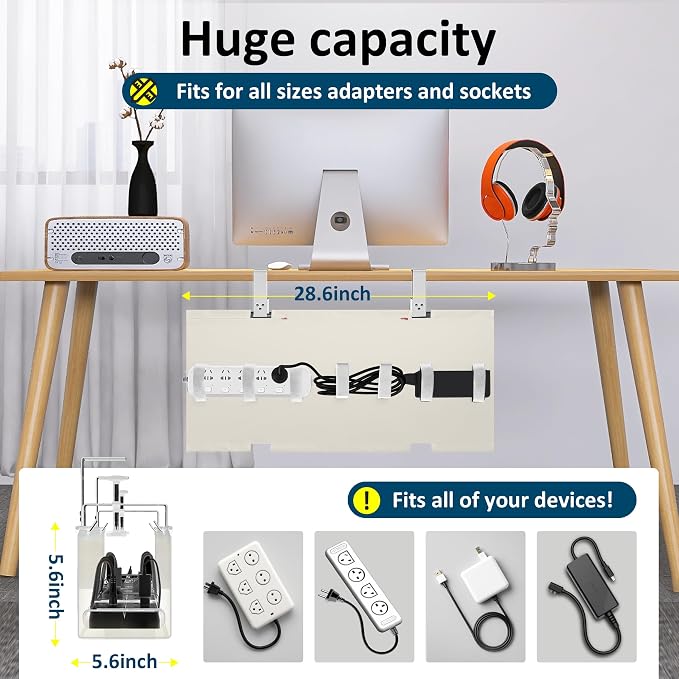 28" Small Under Desk Cable Management Tray No Drill, Compact Clamp On Cord Organizer for Dorm & Small Desk, Anti-Sag Oxford Fabric Wire Hider, Power Strip Holder (Beige, 28.6")