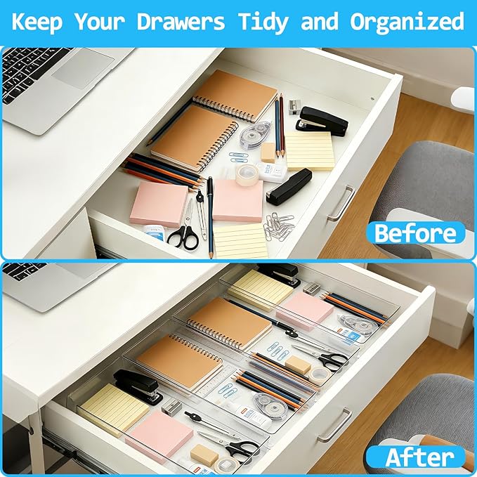 Manalete 14 Pcs Plastic Drawer Organizer with 2 pcs 15"x6" Vanity Organizer | Durable Clear PET Storage Bins Tray for Desk, Kitchen & Bathroom, Office, Makeup, Tools, Easy Clean, Stackable, BPA-Free