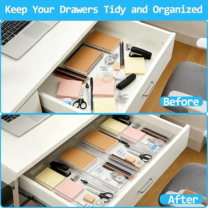 Manalete 8 Pcs Large Clear Plastic Drawer Organizer,15"x6" Vanity Organizer | Durable Clear PET Storage Bins Tray for Desk, Makeup, Kitchen & Bathroom, Office, Tools, Easy Clean, Stackable, BPA-Free