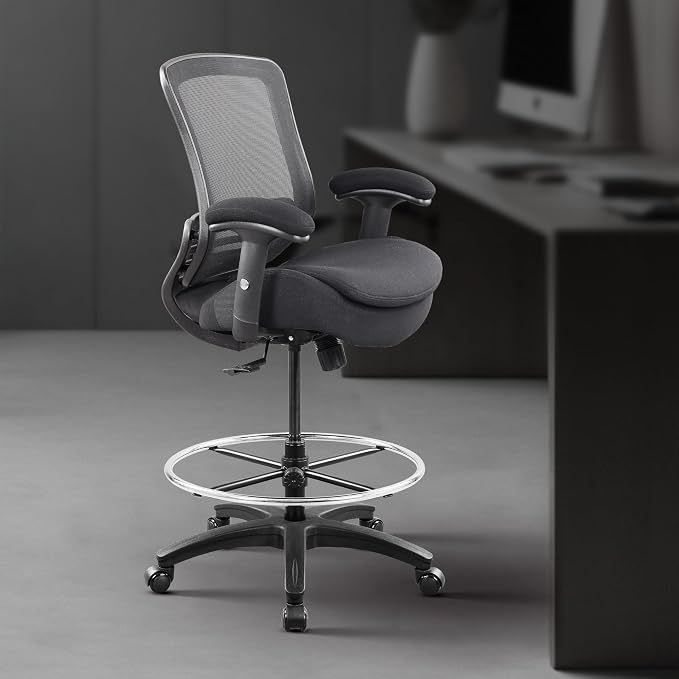BOLISS 400lbs Ergonomic Office Drafting Chair Mid Mesh Back for Height Adjustable Desk 21inch Foot Ring Height Adjustable Armrest (Black) ﻿