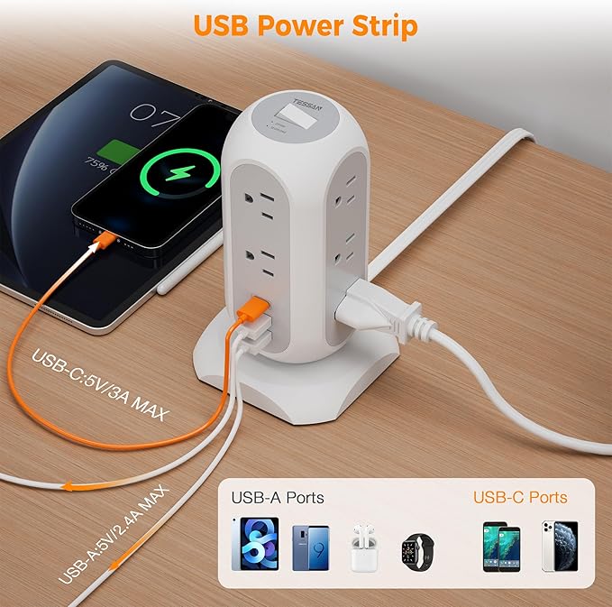 TESSAN Tower Power Strip Flat Plug with 11 Outlets 3 USB (1 USB C), Surge Protector Tower 1625W/13A,1050J Protection, 15 Feet Extension Cord with Multiple Outlets, Dorm, Office Desk Supplies, Grey