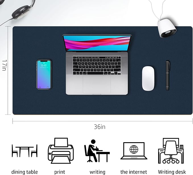 Aothia Double-Sided PU Leather Desk Pad - Non-Slip Large Mouse Pad & Desk Mat for Office, Home - Waterproof, Easy to Clean, Durable Dual-Sided Surface(Dark Blue,36" x 17")