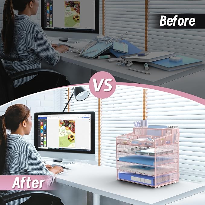 5 Tier Mesh Paper Desk Organizer with Pen Holders, Pink | Features 3 pen holders, and 5 adjustable compartments for office school home desk storage