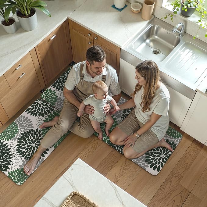 KIMODE Kitchen Mat Anti Fatigue Cushioned Kitchen Rugs Sets of 2 Decor | Dahlia Floral Boho,Non Slip Rubber Backing,Green,Waterproof,Farmhouse Standing Mat Christmas Decor for Laundry Kitchen Sink
