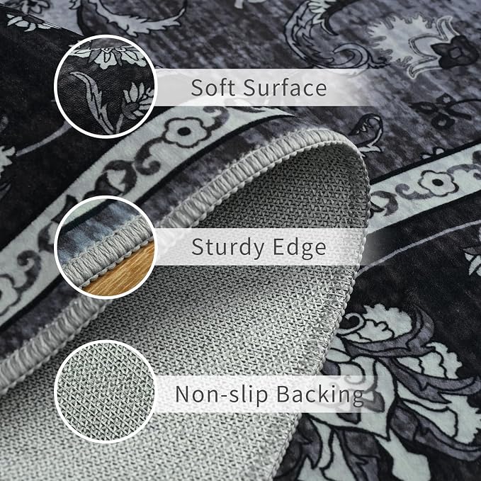 3x5 Area Rugs for Bedroom, Machine Washable Vintage Rug, Non-Slip Low Pile Throw Rugs with Rubber Backing Printed Vintage Floral Carpet for Living Room Dining Room Kitchen Home Decor, Black Grey