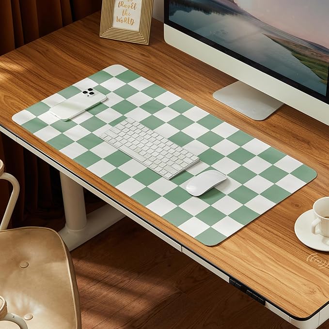Checkered Desk Mat, Large Cute Aesthetic Retro PU Leather Computer Laptop Desk Mat, Non-Slip Waterproof Mouse Keyboard Pad, Desk Writing Mat for Work/Home (Sage, 31.5" x 15.7")