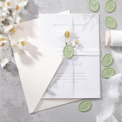 UNIQOOO 3D Floral Wax Seal Stickers - 50 Pcs Elegant Oval Sage Green Self-Adhesive Seals for Wedding Invitations, Envelopes, Gift Wrapping, Christmas Cards & Scrapbooking