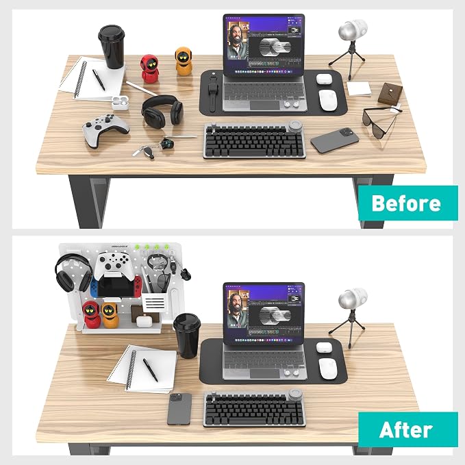 Clamp on Desk Pegboard 16.5"x12.6", White Heavy Duty Steel Desktop Organizer with 4 Magnet Pins, No-Drill Metal Peg Board Mount for Office & Gaming, Horizontal/Vertical