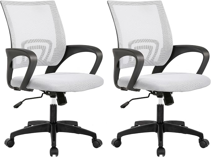 BestOffice | Ergonomic Office Chair | Mid-Back Swivel Desk Chair | Breathable Backrest & Lumbar Support | Adjustable Height | Sponge Seat | Rolling Wheels | White | for Adults & Women | Pack of 2