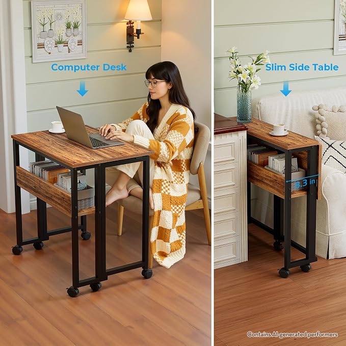 GreenForest Folding Desk with Wheels, 31.5 Inch Compact Rolling Computer Table with Storage Shelf, Portable Mobile Workstation for Small Spaces, Easy Assembly, Walnut