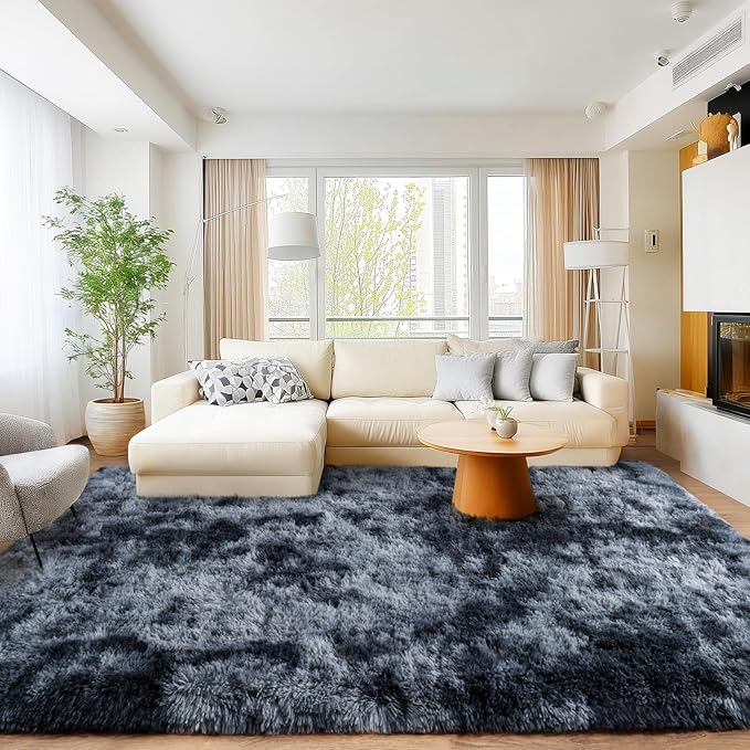 Area Rugs for Living Room Bedroom 9x12, Ultra Fluffy Shag Rug Modern Washable Carpet Soft Shaggy Non Slip Indoor Plush Fuzzy Rugs for Bedroom Dorm Office Home Aesthetic Decor, Tie-Dyed Blue Grey