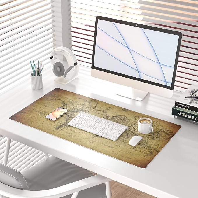 QiyI Large Desk Pad, Vintage Mouse Pad Desktop Decor, Waterproof PU Leather Desk Cover Protector, Desk Accessories for Office Home Work Writing Gaming 31.5" x 15.7" - World Map 1814