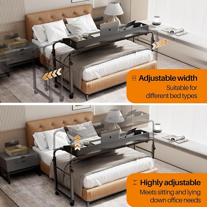 BYMECOST Laptop Desk for Bed, Adjustable Height & Length Laptop Bed Table | Overbed Table with Wheels for Queen Size Beds,Rolling Standing Desk,Over Bed Desk for Working Reading Eating