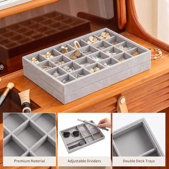 Jewelry Trays for Drawer,Set of 2 Jewelry Organizer and Storage | Velvet Material,Stackable,Adjustable Dividers,Drawer Inserts for Rings Studs Bracelet,Earring Organizer for Women Girls