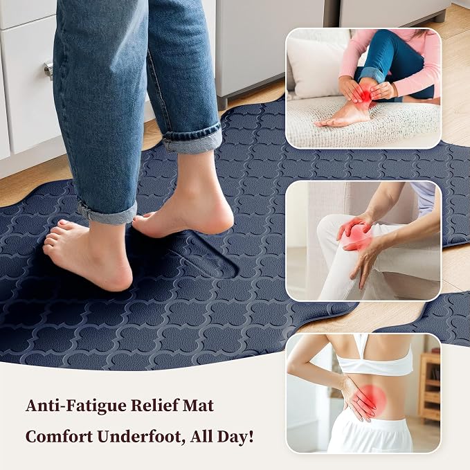 Arenarug Upgrade Scalloped Embossed Kitchen Mats for Floor 2PCS Cushioned Anti Fatigue Waterproof Foam Kitchen Rugs Non Slip Washable Comfort Standing Mat for Sink Laundry, 17.3"x30"+17.3"x47", Navy
