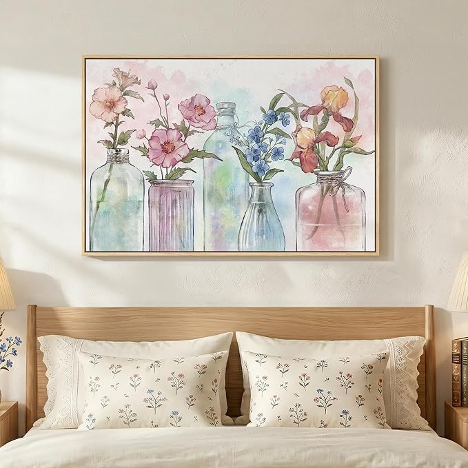 Framed Colorful Floral Wall Art, Modern Botanical in Vase Canvas Prints Painting, Pastel Watercolor Flower Wildflower Pictures for Living Room Bedroom Dining Room Bathroom Room Wall Decor, 24x36 Inch