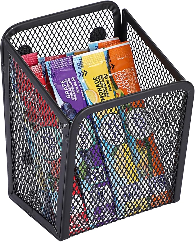 ELLDOO Magnetic Water Drink Packet Holder, Magnetic Metal Mesh Tea Bag Organizer Sugar Packet Basket, Kitchen Organizers and Storage for Refrigerator and Countertop