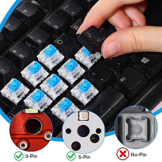 Qianyu 30 Pcs Blue Mechanical Keyboard Switches with Switch Puller and Brush 3-Pin Clicky Key Switches Dustproof DIY Replacement Kit for Gaming Keyboards Typists Gamers