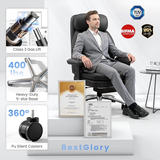 BestGlory Big and Tall Office Chair with Lumbar Support, Executive Leather Computer Desk Chair, Heavy Duty Comfortable Gaming Chair with Double Layer Cushion & Footrest for Home Office Gaming