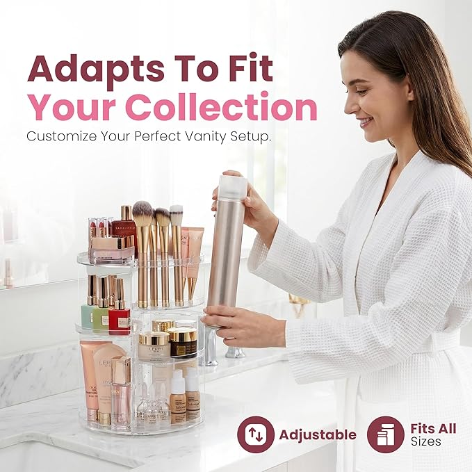 Masirs 360 Rotating Makeup Organizer Countertop, Adjustable Shelf, Clear | 360-Degree Rotating Makeup Organizer, Adjustable Shelf Height, Cosmetic Perfume Skincare Storage, Vanity Countertop, Clear