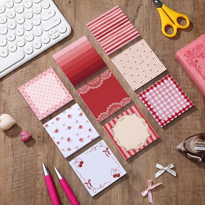 9 Pcs Aesthetic Sticky Notes Cute Pastel Self Stick Notepads Easy to Post Desk Supplies for Home Office Decor School Accessories Women Birthday Coworker Gifts(Red)