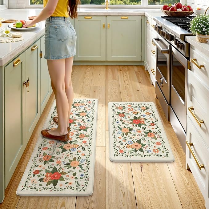 KIMODE Kitchen Mats for Floor Anti Fatigue, White Floral Rugs for Decor | Carpet for Kitchen Floor,Padded Kitchen Floor Mats,Cushioned Kitchen Mats for Floor 2 Piece for Laundry Sink 17"x47"+17"x29"