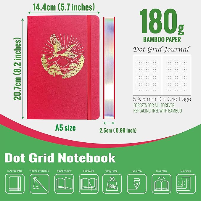 BUKE Dotted Notebook Journal 180GSM Bamboo Thick White Paper 160 Pages 5 * 5MM Dot Grid, Lay Flat Binding,Colored Silver Edges, Bookmarks and Expandable Back Pocket (BKP-6)