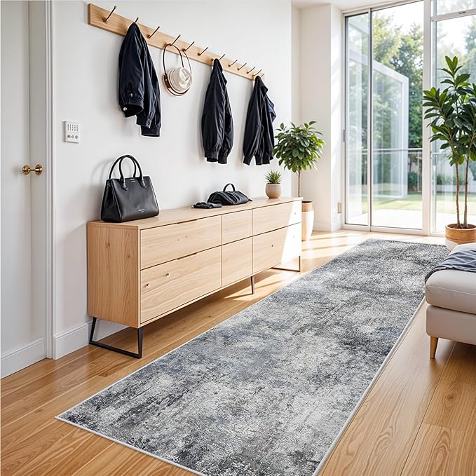 RUUGME Washable Abstract 3x8 Runner Rug: Living Room Entryway Runner Rug Indoor Non Slip Rubber Backing Vintage Large Soft Home Decor Mats for Bedroom Distressed Ultra Thin Low Pile Carpets 3x8 Blue