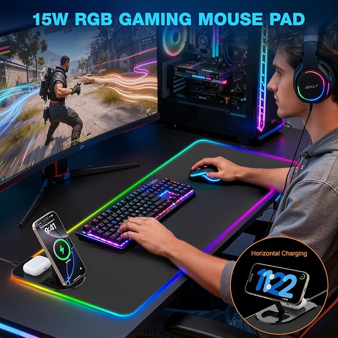Gaming Mouse Pad Wireless Charging - Desk Mat Magnetic Foldable Phone Stand 15W Fast Charge, RGB Extended Large Keyboard Mousepad - PC Laptop Desk Pad for Work Game (Adapter Not Included)