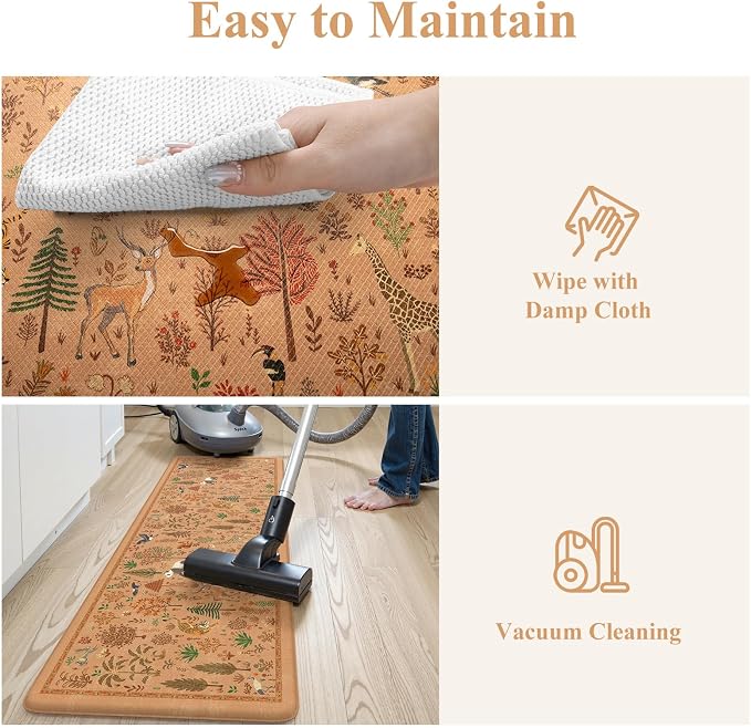 KIMODE Kitchen Floor Mats for Floor Cushioned Anti Fatigue,Rugs Sets of 2 | 17.3"x47"+ 17.3"x29",Orange Light Brown,Animal Forest Kitchen Rug,Padded Memory Foam Under Kitchen Sink Mat for Laundry Decor