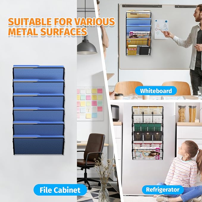 Magnetic File Holder, 6-Tier Foldable No Drilling Magnetic File Folder Holder, Space-Saving Black Magnetic Hanging File Organizer for Whiteboard, File Cabinets, Refrigerator, Office, Kitchen