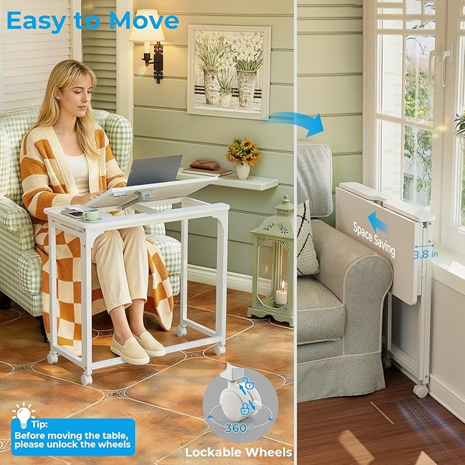 GreenForest Folding Desk with Adjustable Tiltable Desktop 0-90°, 31.5 inch Small Drafting Table with Wheels, Foldable Craft Table for Drawing, Reading, Writing, Laptop, Work, White