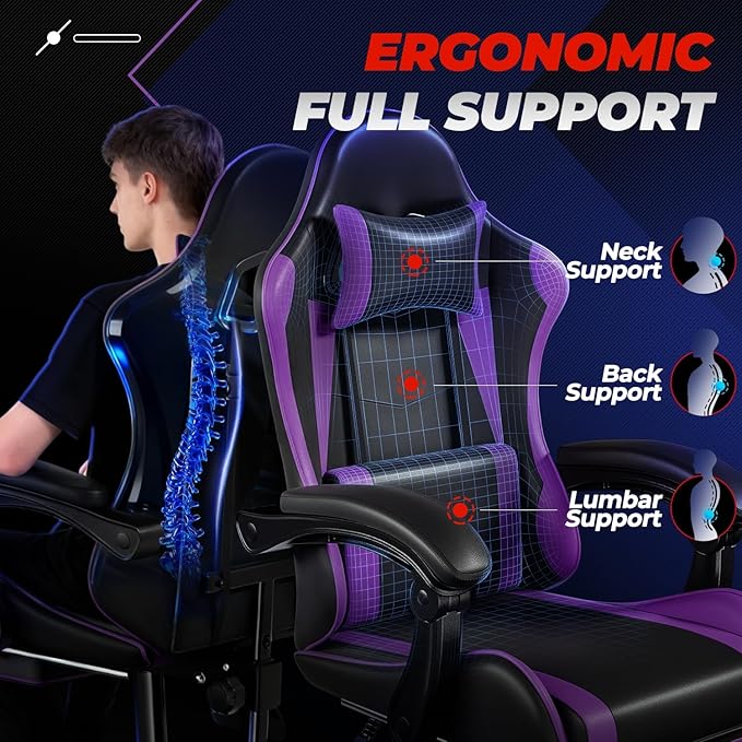 Auto Dynasty Ergonomic Gaming Chair, High-Back Office Chair w/Adjustable Lumbar Support, Linkage Armrest, Headrest & Footrest, 350LBS Recliner Swivel Computer Game Racing Chair, Purple/Black
