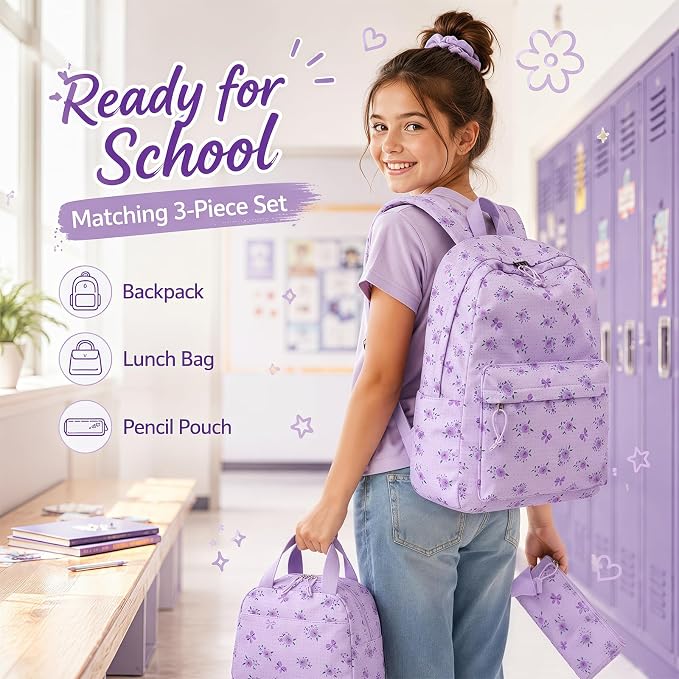 LEDAOU Kids Backpack for Girls Backpacks with Lunch Box, Lightweight Bookbag Set Elementary Middle School Back pack for 8-14