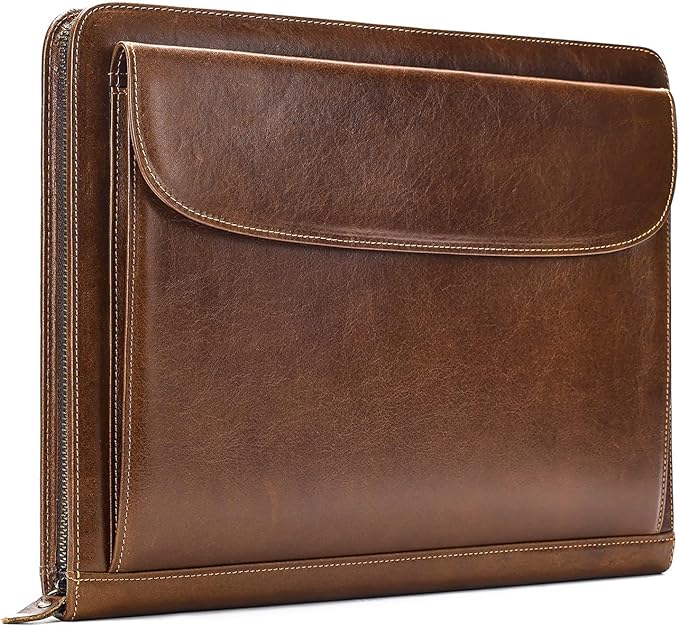 Genuine Leather Portfolio Men Women Zipper Business Resume Padfolio Binder A4 Meeting Folder Organizer 13 inch brown coffee