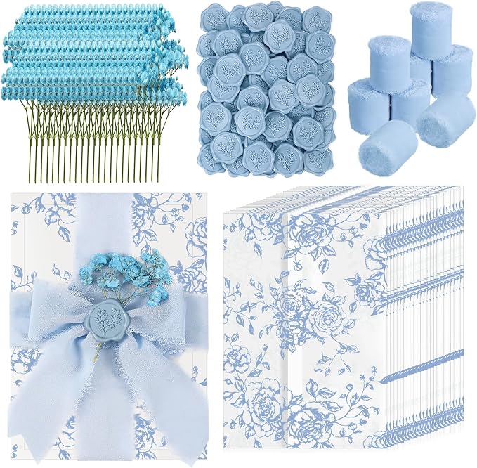 Wedding Invitation Accessories Kit, Pre-Folded Vellum Jackets for 5×7 Invitations with Wax Seal Stickers, Ribbon & Dried Flowers, Elegant Wedding Invitation Accessories for DIY Bridal Invites (Blue-Rose, 50)