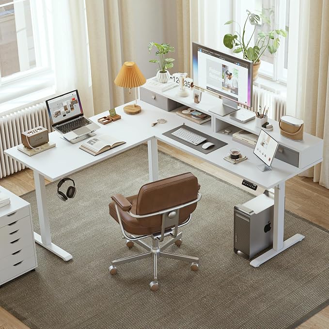 Agilestic L Shaped Electric Standing Desk with 2 Drawers, 63 Inch Ergonomic Adjustable Height Desk with Storage, Corner Desk Sit Stand up Computer Table for Work Office Home, White