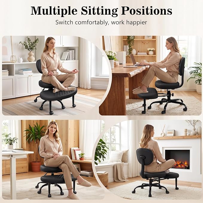 Ergonomic Cross Legged Office Chair with Wheels | Ergonomic Office Chair with Wheels, Adjustable Height for Meditation, ADHD Desk & Yoga, Wide Criss Cross, Lumbar Support