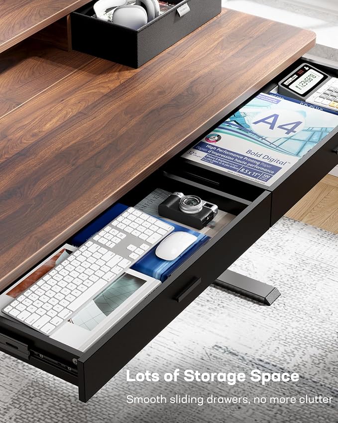 HUANUO 55 x 30 inch Electric Standing Desk with 4 Drawers, Walnut | Deeper 30 Inch Desktop, Cable Tray, Monitor Mount Support, Grommet Routing, 27.9–46.8 Inch Height Range, Home Office Use