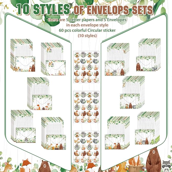 TaoBary 160Pcs Stationery Paper Set 50 Double Sided Stationery Papers with 50 Matching Envelopes and 60 Round Dot Sticker, 10Design (Woodland Animal,5.5 x 8.25 Inch)