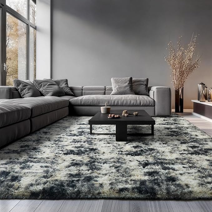Ophanie 9x12 Black Gold and Grey Area Rugs for Living Room,Large Dark Black Gold Fluffy Shag Fuzzy Plush Soft Carpets,Floor Shaggy Rugs for Bedroom,Carpet for Boys Decor with Over 99 pcs Pile fibers