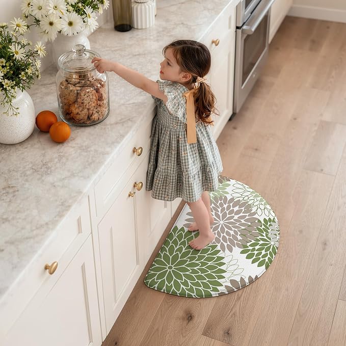 KIMODE Half Circle Kitchen Mats for Floor Cushioned Anti Fatigue Semi Round | Half Round,28"x18",Dahlia Boho,Sage Green,Kitchen Rug Non Slip ,Waterproof Sink Floor Mat Carpet Decor for Laundry Bathroom